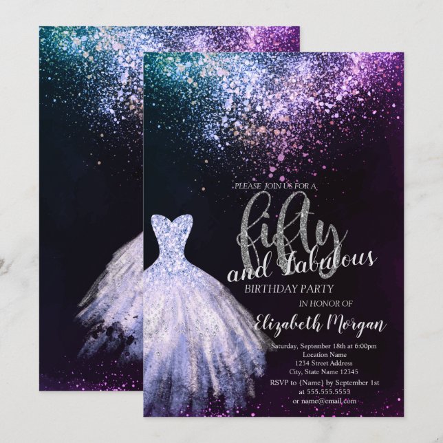 Invitation Chic Robe Confetti 50e fête d'anniversaire (Devant / Derrière)