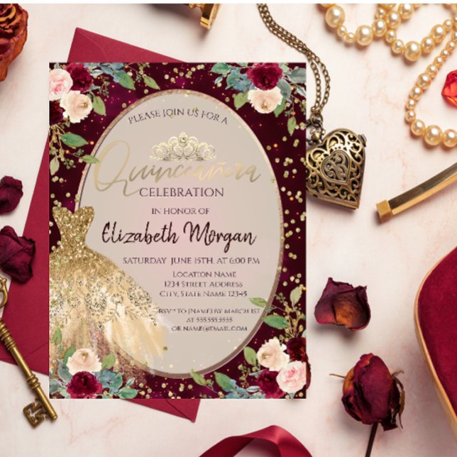Invitation Chic Robe d'or Tiara, Roses Bourgogne Quinceañera (Créateur téléchargé)
