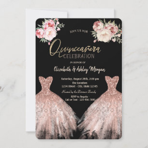 Invitation Chic robe élégante Floral Black Quinceanera