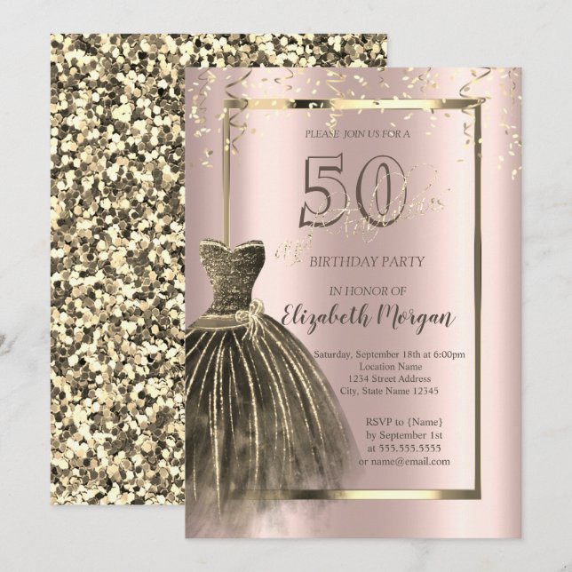 Invitation Chic robe Gold Sequins Rose Gold 50e anniversaire (Devant / Derrière)
