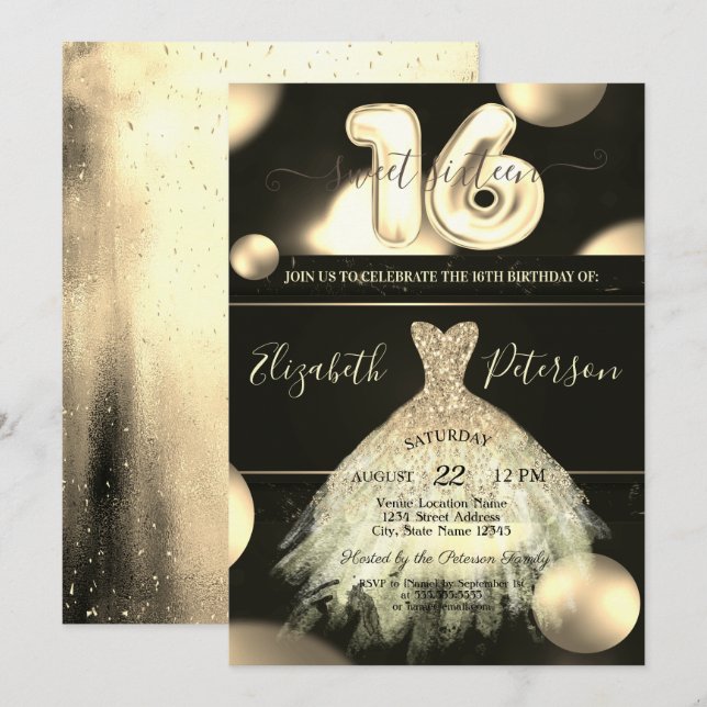 Invitation Chic Robe Or Confetti Dots Sweet 16 (Devant / Derrière)