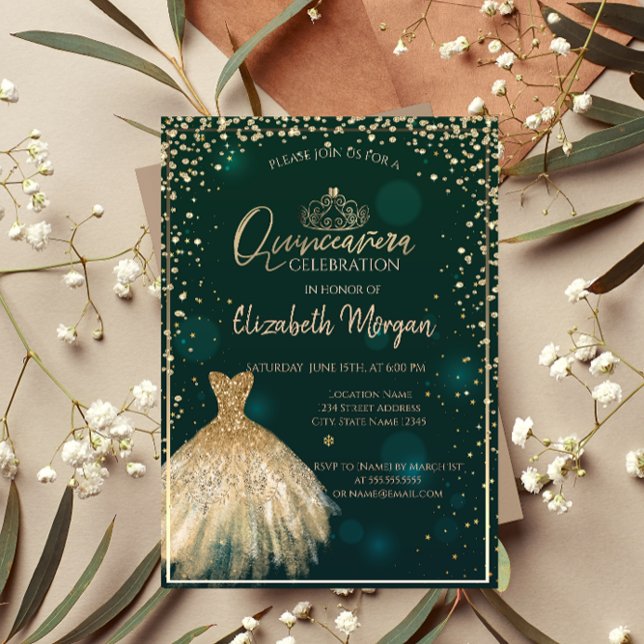 Invitation Chic Robe Or Tiara, Diamants Vert Quinceañera (Créateur téléchargé)