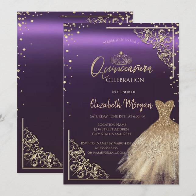 Invitation Chic Robe Or Tiara, Diamants Violet Quinceañera (Devant / Derrière)