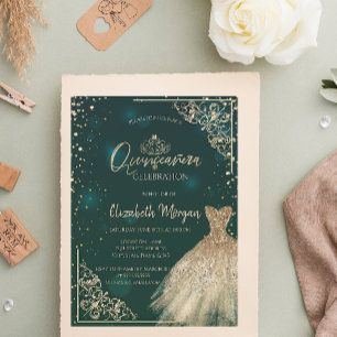 Invitation Chic Robe Vert Or Tiara, Diamonds Quinceañera