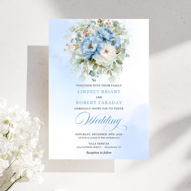 Invitation Chic Romantic Dusty Blue Peony Gold Floral Wedding (Chic Romantic Dusty Blue Peony Gold Floral Wedding Invitation)