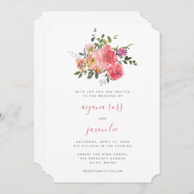 Invitation Chic rose Aquarelle Peony Bouquet Mariage (Devant / Derrière)