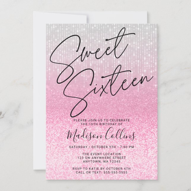 Invitation Chic rose argent Parties scintillant douce 16 (Devant)