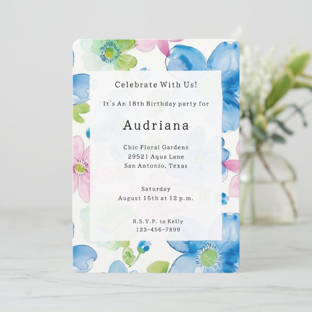 Invitation Chic rose bleu vert Floral Anniversaire (Debout devant)
