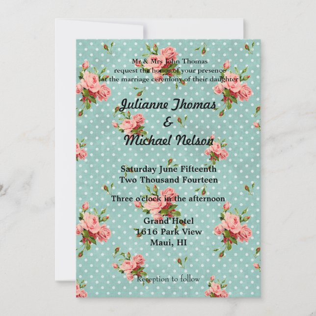 Invitation Chic Rose Blue Vintage Wedding (Devant)