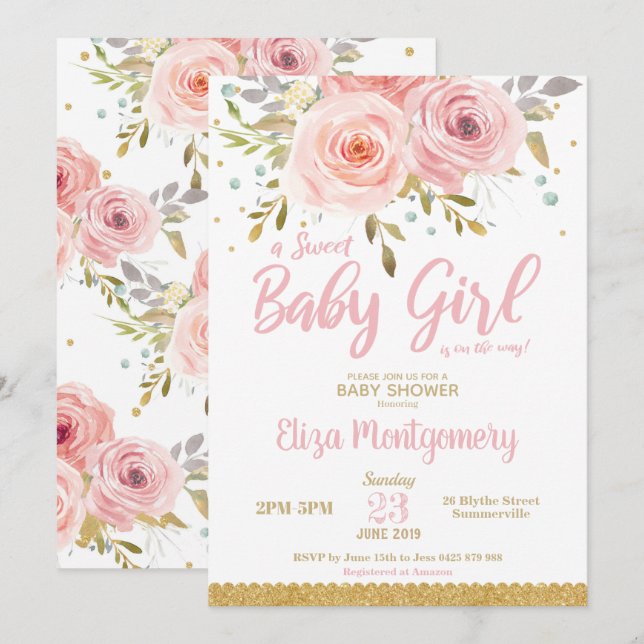 Invitation Chic Rose Blush Floral Sweet Baby shower Girl (Devant / Derrière)
