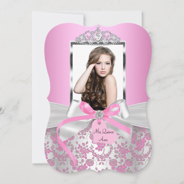 Invitation Chic rose Bow en argent et photo Rose Quinceanera (Devant)