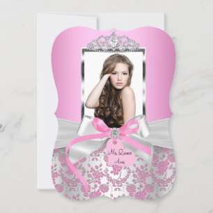 Invitation Chic rose Bow en argent et photo Rose Quinceanera