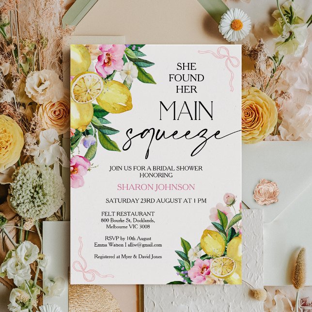 Invitation Chic Rose Elle A Trouvé Main Squeeze Fête des mari (Lemon Bridal Shower Invitation Template, Pink Floral Lemon Bridal Shower Invitation, Main Squeeze)