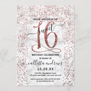 Invitation Chic Rose en marbre or Confetti Bordure Sweet 16