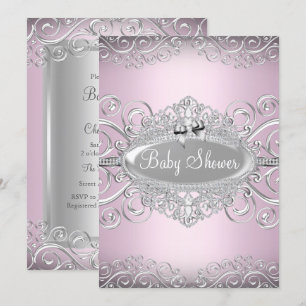 Invitation Chic rose et argent Damask Baby shower Princess