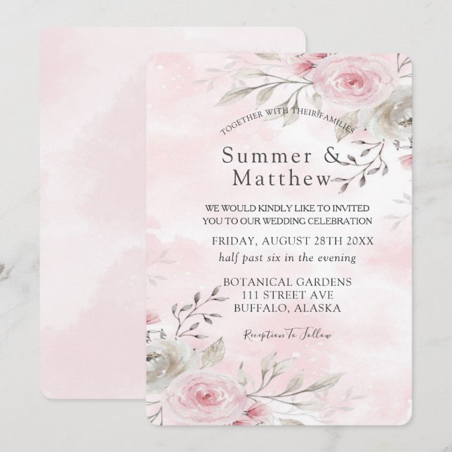Invitation Chic rose et gris aquarelle pivoine Mariage rustiq (Devant / Derrière)