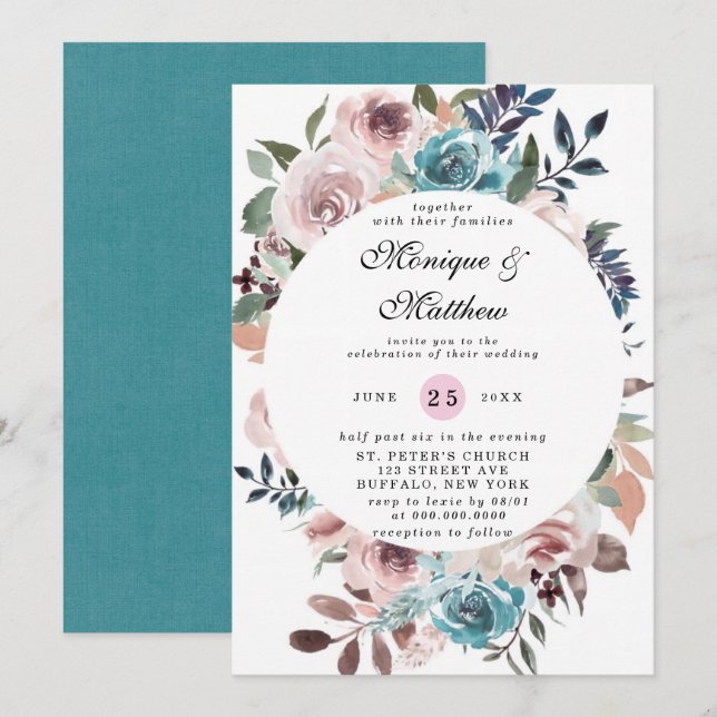 Invitation Chic rose et Turquoise Aquarelle Mariage Peony (Devant / Derrière)