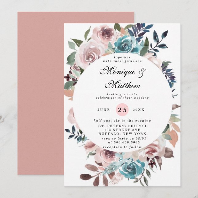 Invitation Chic rose et Turquoise aquarelle Peony Mariage Inv (Devant / Derrière)