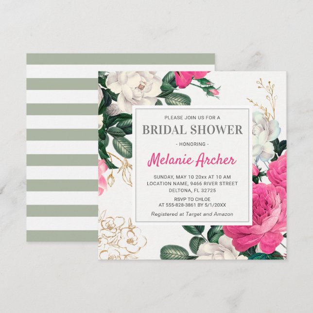 Invitation Chic rose Fête des mariées Aquarelle Peony Roses (Devant / Derrière)