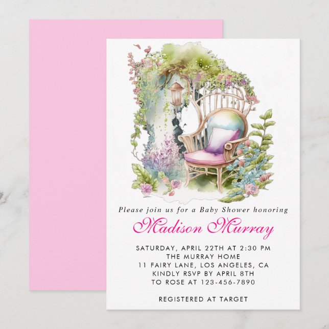 Invitation Chic rose Fleur Jardin Chaise Baby shower (Devant / Derrière)