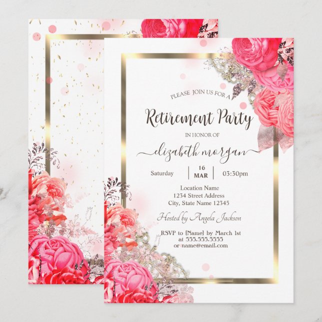 Invitation Chic Rose Fleurs Gold Frame Retraite (Devant / Derrière)