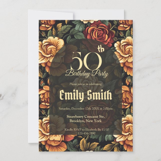 Invitation Chic Rose Floral 50Th Birthday (Devant)