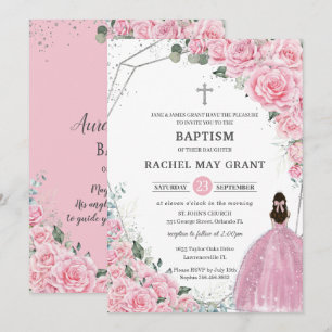 Invitation Chic rose floral argent fille Baptême Christening