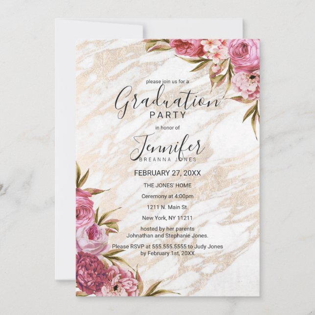 Invitation Chic Rose Floral Gold Marble Party (Devant)