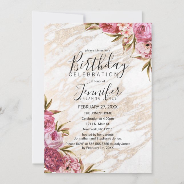 Invitation Chic rose floral marbre or fête d'anniversaire (Devant)