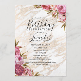 Invitation Chic rose floral marbre or fête d'anniversaire