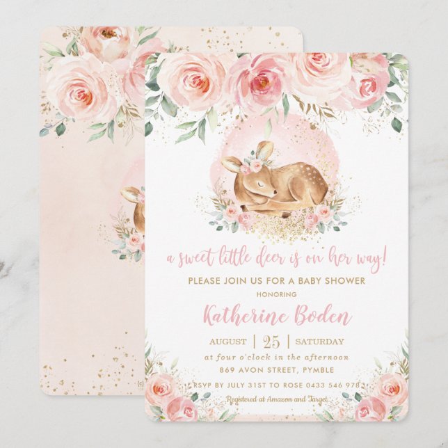 Invitation Chic rose floral mignon bébé cerf Baby shower fill (Devant / Derrière)