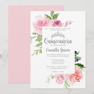 Invitation Chic rose Floral Quinceañera Silver Tiara Party