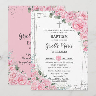 Invitation Chic rose Floral Roses Argent Baptême Christening 