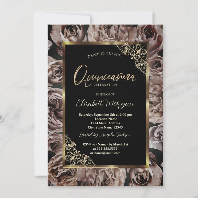 Invitation Chic Rose foncé Gold Frame Black Quinceañera (Devant)