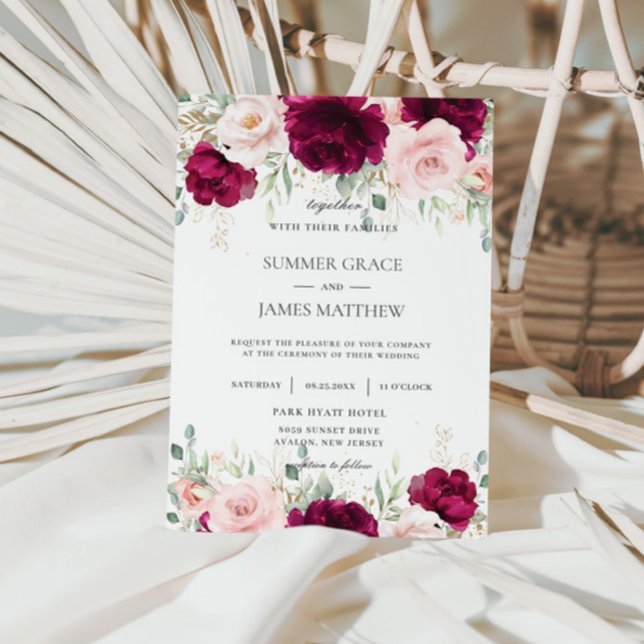 Invitation Chic rose framboise Blush rose Mariage floral (Créateur téléchargé)