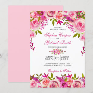 Invitation Chic rose Fuchsia Rose Mariage botanique