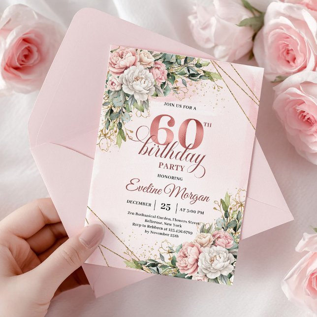 Invitation Chic Rose Gold Blush Pink Floral 60th Birthday   (Chic Rose Gold Blush Pink Floral 60th Birthday Invitation)