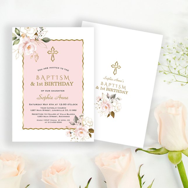 Invitation Chic Rose Gold Floral Girl 1er Anniversaire & Bapt (pink floral baptism and 1st birthday invitation, elegant, trendy, modern baptism first birthday )