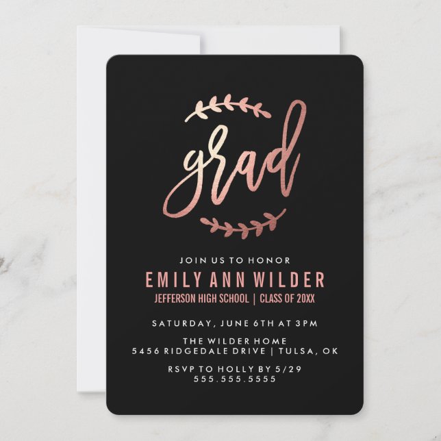Invitation Chic Rose Gold Foil | Fête de l'obtention du diplô (Devant)