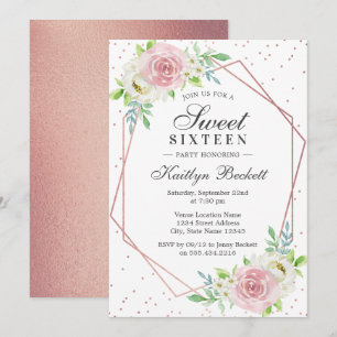 Invitation Chic Rose Gold Foil Floral Sweet 16 Anniversaire