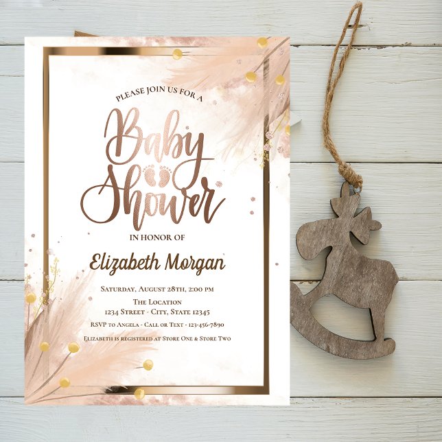 Invitation Chic Rose Gold Foots Baby shower Pampas (Créateur téléchargé)