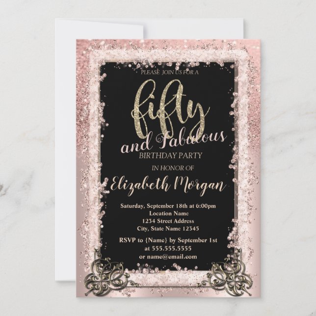 Invitation Chic Rose Gold Frame Parties scintillant 50e fête  (Devant)