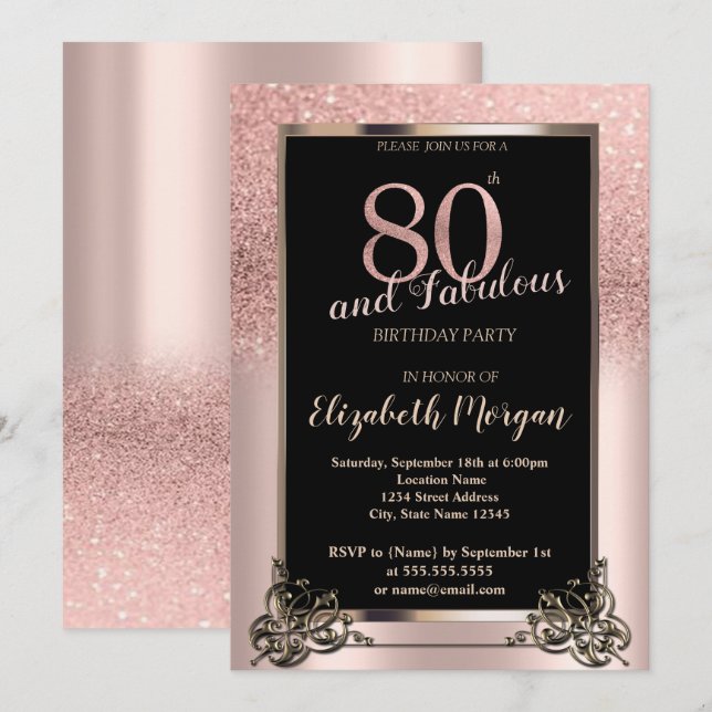 Invitation Chic Rose Gold Parties scintillant Ombre 80e fête  (Devant / Derrière)