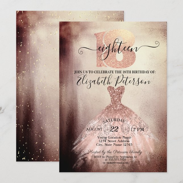 Invitation Chic Rose Gold Robe Confetti 18e anniversaire (Devant / Derrière)