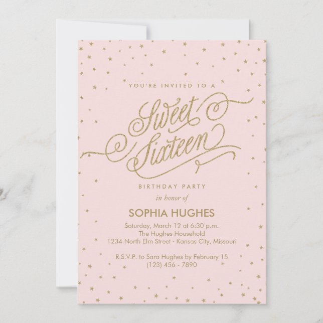 Invitation Chic Rose & Gold Stars Sweet sixteen Party (Devant)