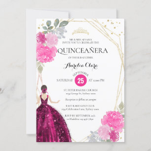 Invitation Chic rose magenta Floral géométrique Quinceañera