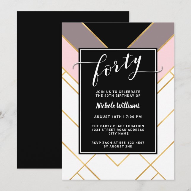 Invitation Chic rose mauve et noir géométrique 40e anniversai (Devant / Derrière)