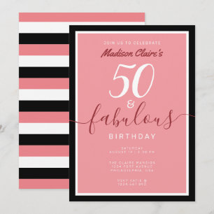 Invitation Chic rose noir et blanc 50 et fabuleux anniversair