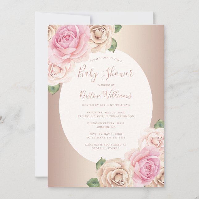 Invitation Chic Rose or Aquarelle Baby shower Floral (Devant)