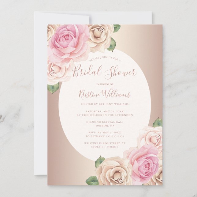 Invitation Chic Rose or aquarelle Fête des mariées florale (Devant)